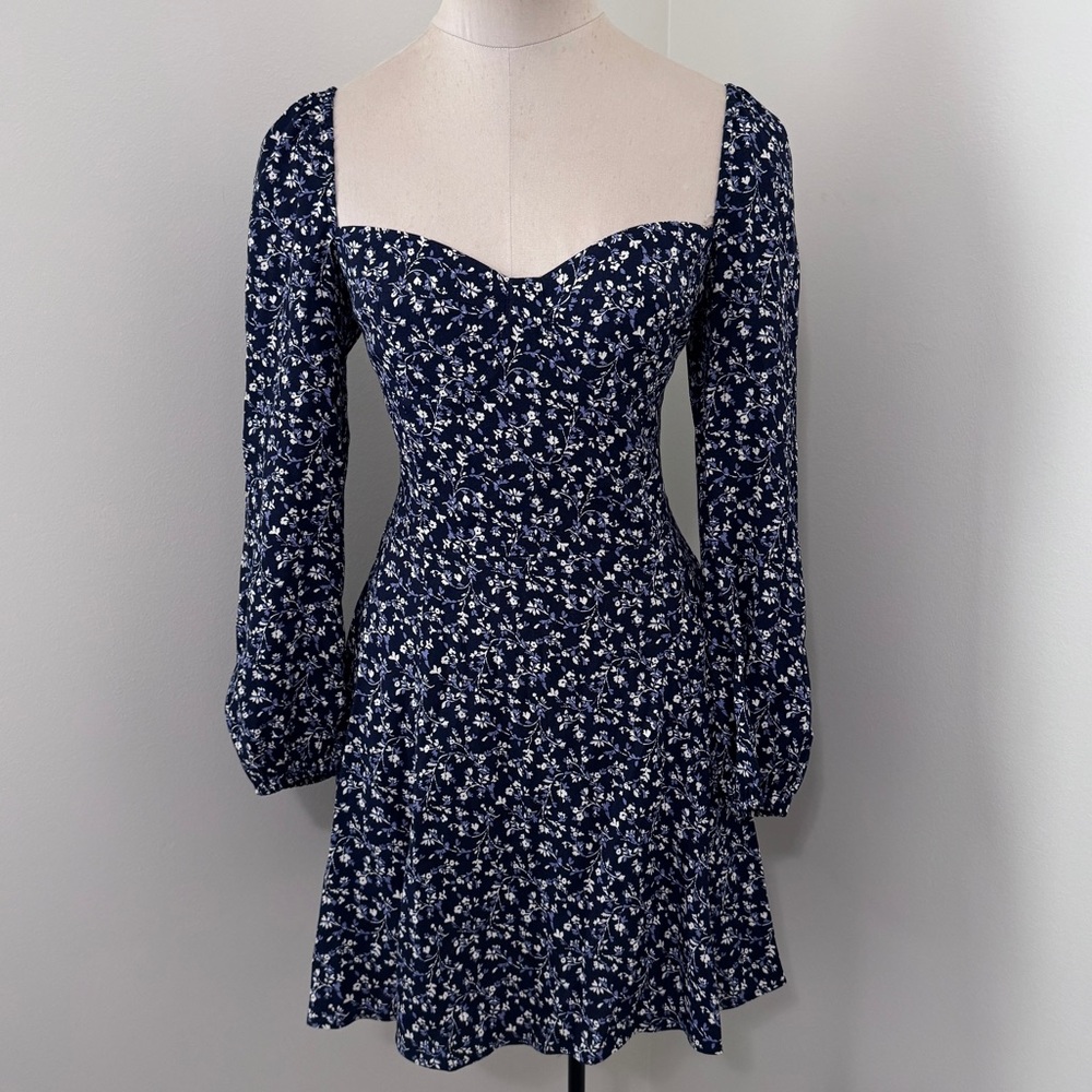 Reformation 6 Mochi Blue Ditzy Floral Mini Dress ~ Sweetheart Long Sleeve